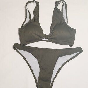 Zesica Swimwear Bikini Top & Bottom Olive Green Ribbed Knot Strap Size XL